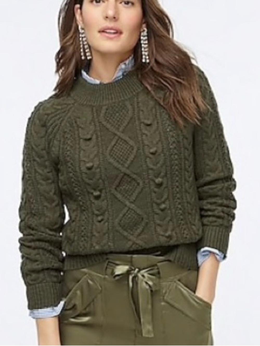 J. Crew Olive Green Cable-Knit Crewneck Sweater